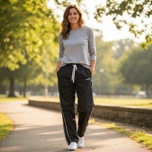 Campus Black Track Pants White Stripes Drawstring Elastic Waist Pockets Unisex M
